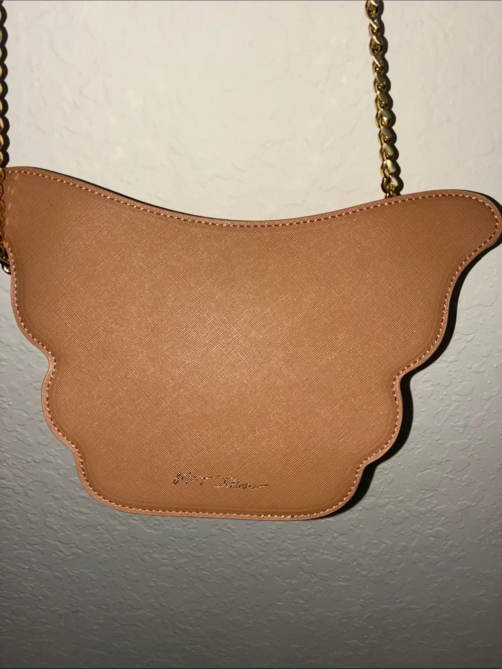 Betsey Johnson Tan Crossbody Bag with Purple, Pink and Blue Butterfly